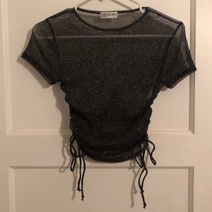 Popular 21 Black & Silver Metallic Glitter Mesh Drawstring Side Tie Crop Top NWT